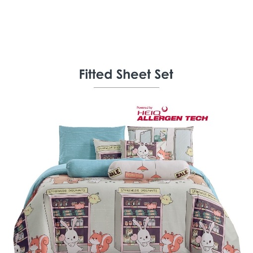 Picture of AKEMI Cotton Twill HeiQ Allergen Cheeky Cheeks Fitted Sheet Set 850TC - Shopping Day (Super Single/ Queen/ King)