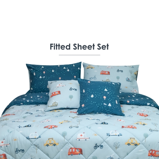 Picture of AKEMI Cotton Essentials Jovial Kids Fitted Sheet Set 600TC - Urban Motion (Super Single/ Queen/ King)