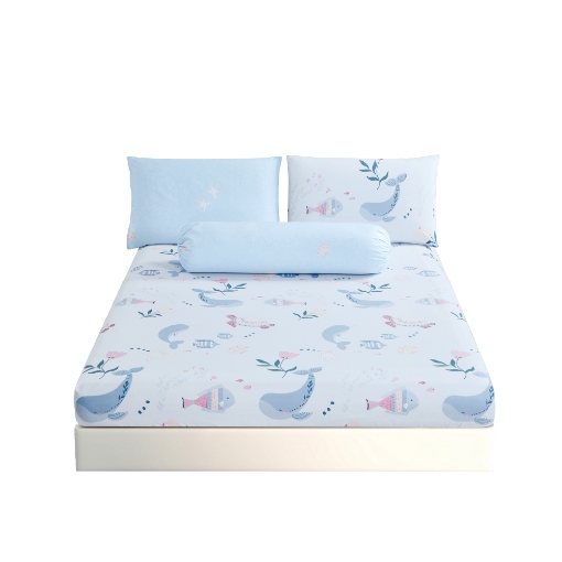 Picture of AKEMI Cotton Essentials Jovial Kids Fitted Sheet Set 600TC - Whale Song (Super Single/ Queen/ King)