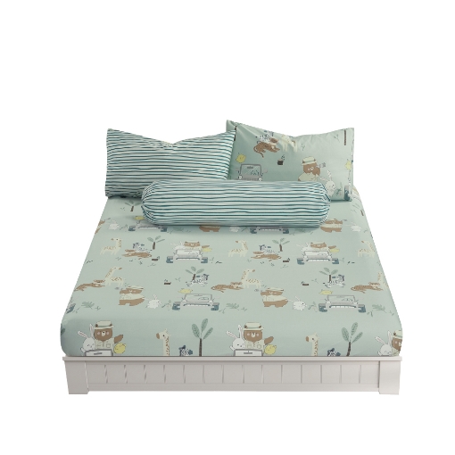 Picture of AKEMI Cotton Twill HeiQ Allergen Cheeky Cheeks Fitted Sheet Set 850TC - Roar & Explore (Super Single/ Queen/ King)