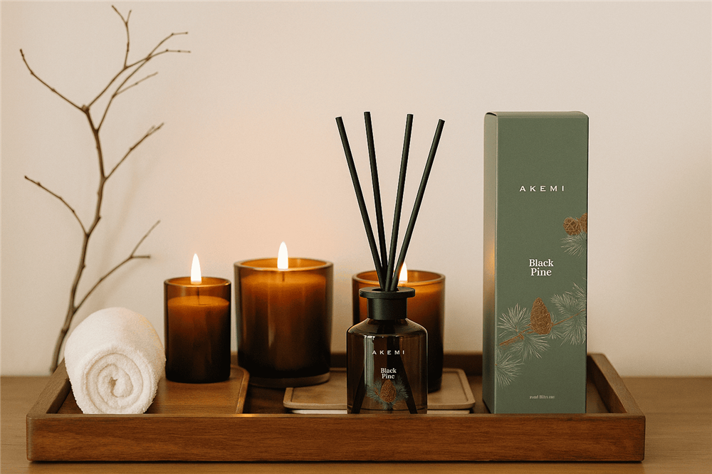 Reed diffuser and scented candles arranged on a wooden tray with a rolled towel, creating a home fragrance display.