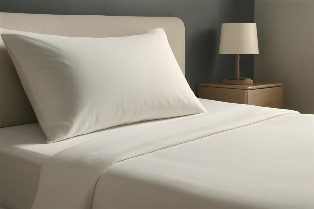 White pillow on a neatly made bed with light-colored sheets in a minimalist bedroom setting.