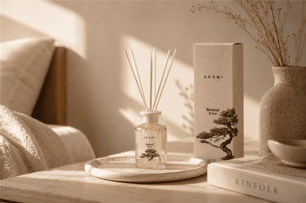 AKEMI Bonsai Tree reed diffuser and packaging styled on a ceramic tray in a warm, minimalist bedroom setting.