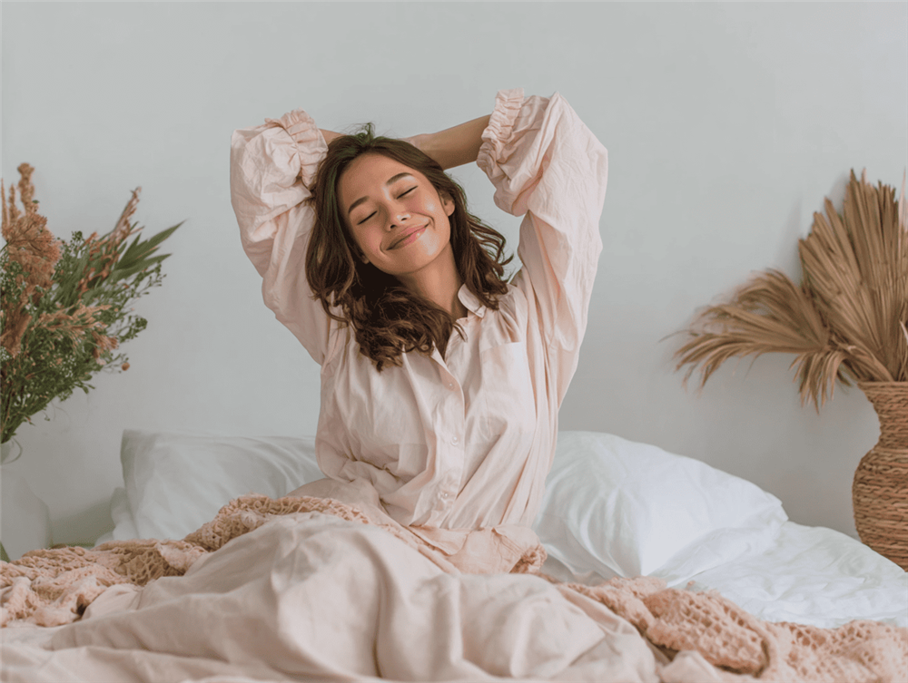 Person sitting on a bed and stretching with eyes closed, surrounded by light-colored bedding.