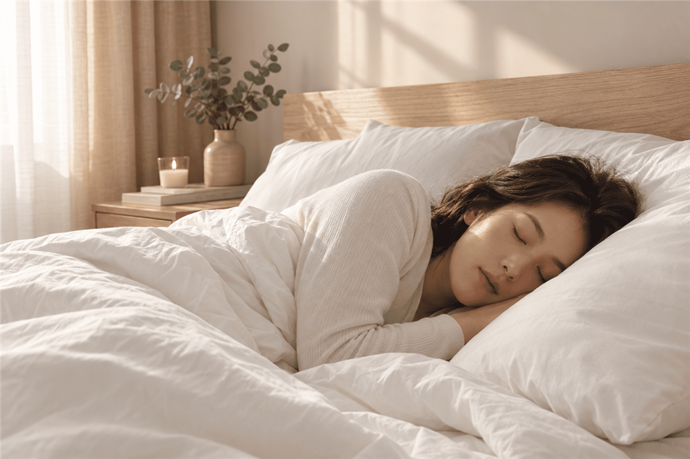 Woman sleeping on her side in a bright, neutral-toned bedroom with soft white bedding and warm morning light.