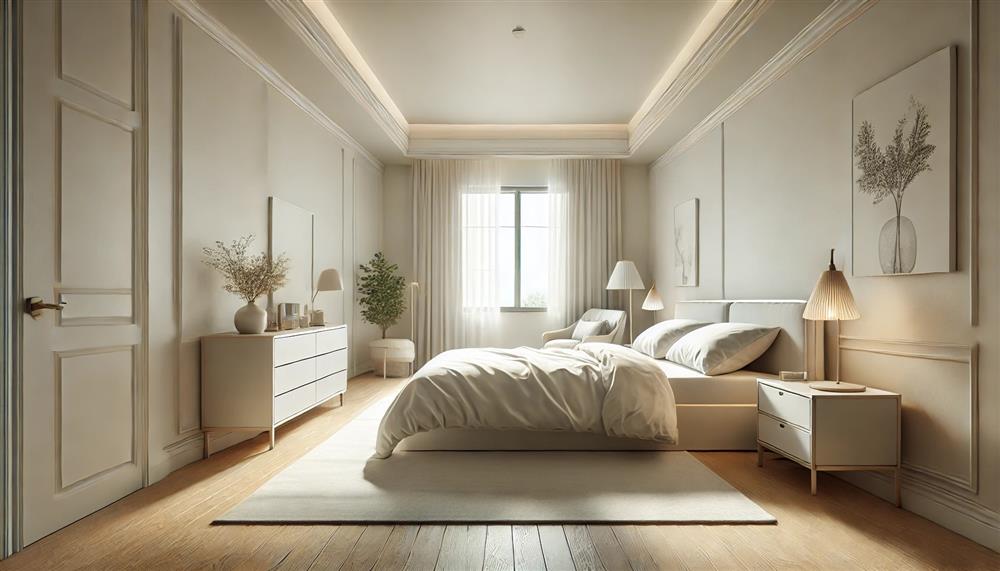 Bright minimalist bedroom with a neatly made bed featuring light-colored sheets, pillows, and soft natural lighting.