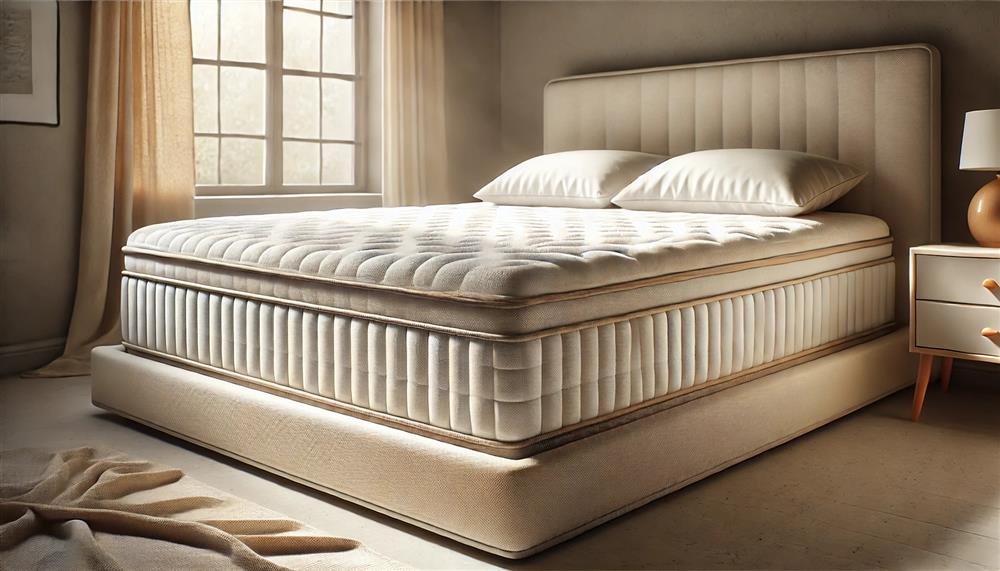 Beige upholstered mattress on a bed frame in a softly lit bedroom, showing a thick quilted mattress with two pillows.