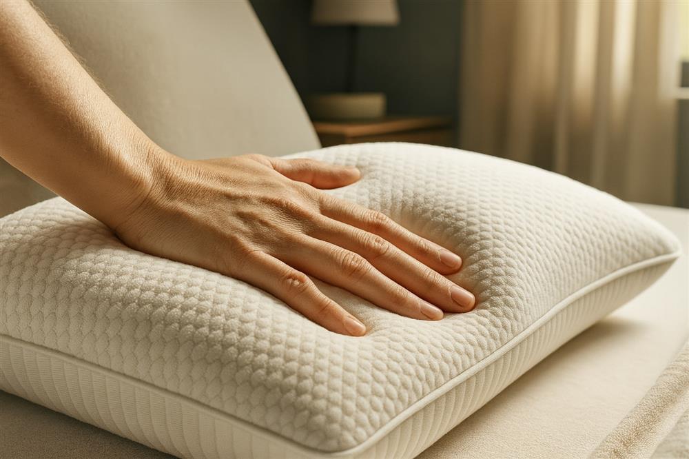 A hand pressing down on a memory foam pillow to show responsiveness.