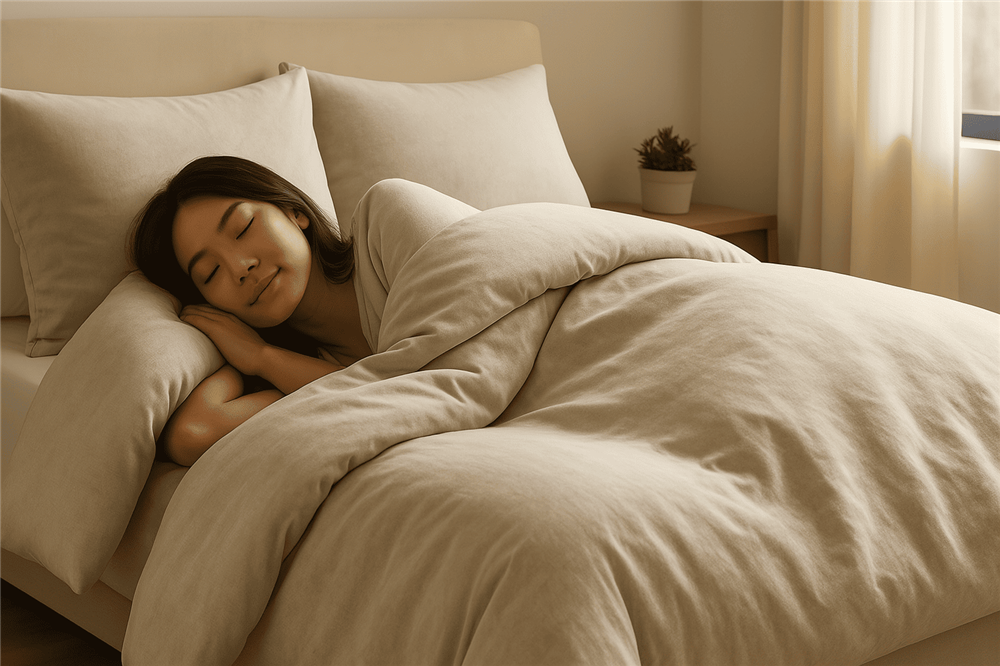 Person sleeping on their side under a light-colored duvet in a softly lit bedroom.
